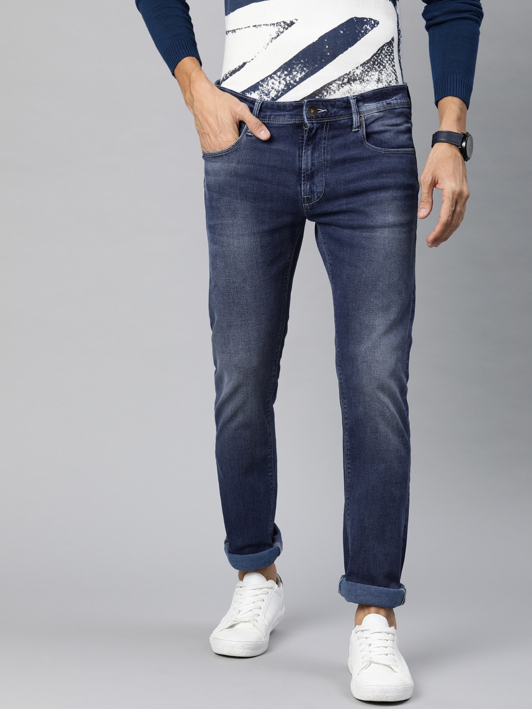 

Pepe Jeans Men Blue Vapour Slim Tapered Fit Low-Rise Clean Look Stretchable Jeans
