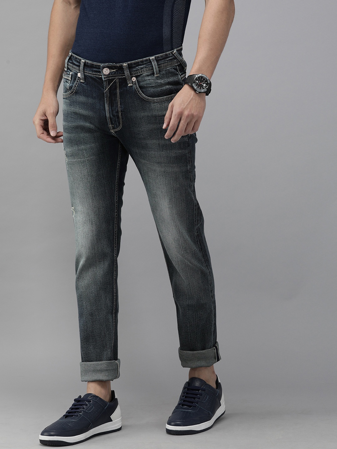 

Pepe Jeans Men Navy Blue Vapour Slim Fit Mid-Rise Low Distress Stretchable Jeans
