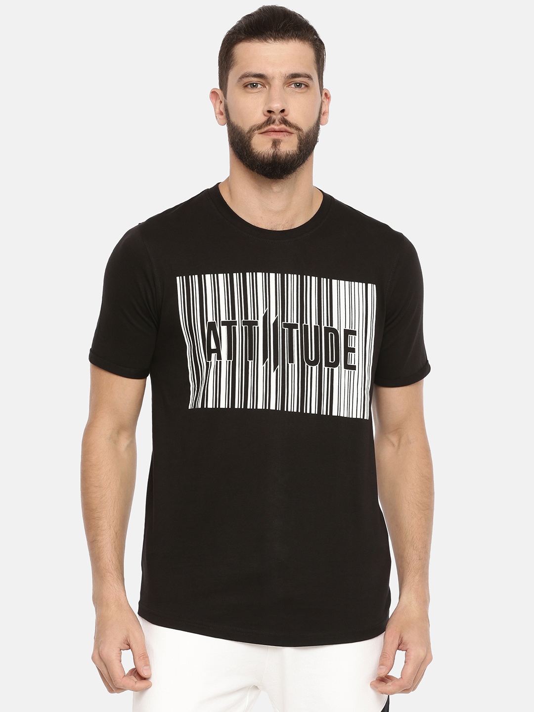 

ATTIITUDE Men Black & Off-White Printed Round Neck Slim Fit T-shirt