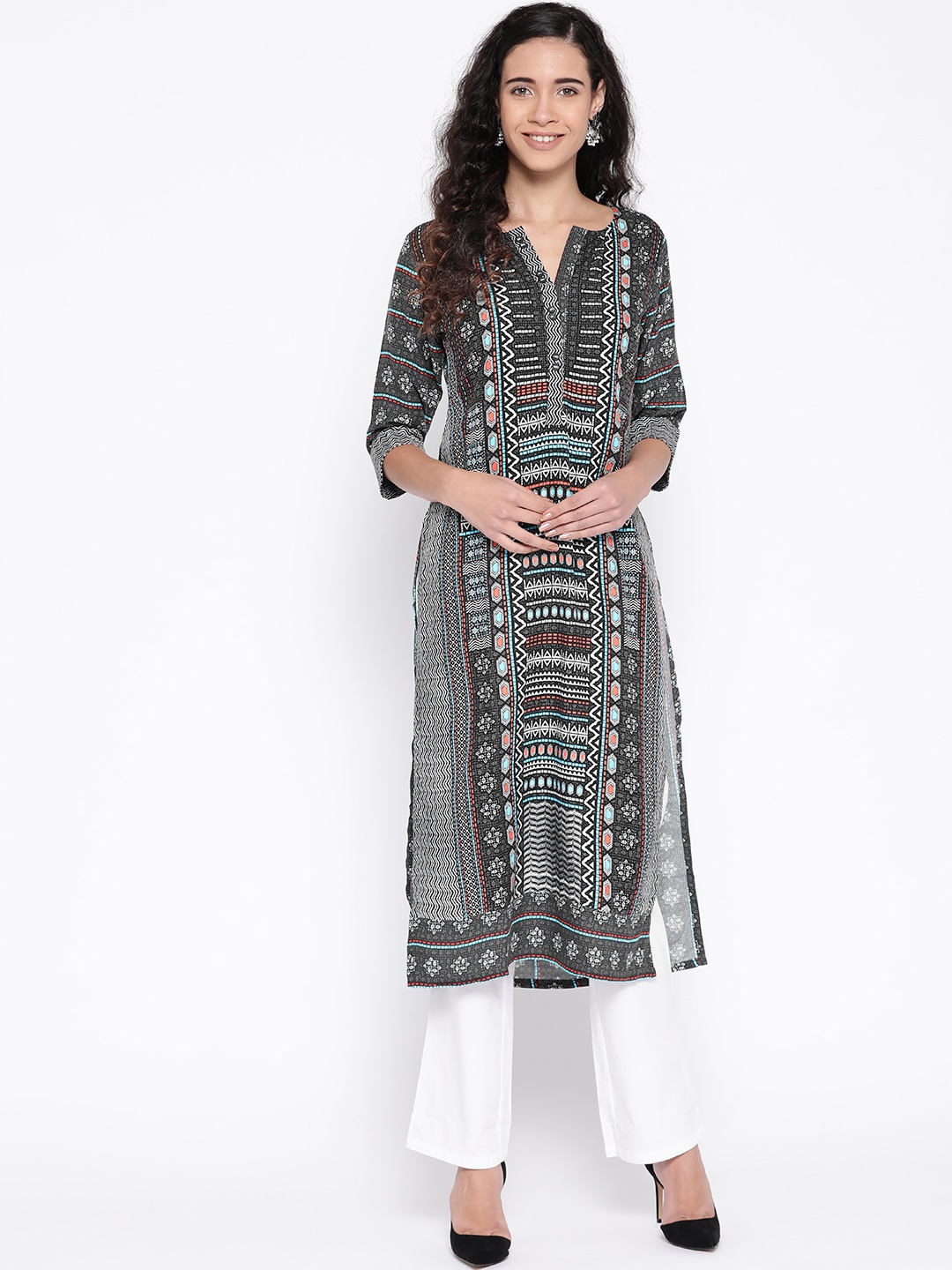 

SILVER STOCK Women Black & White Printed Straight Kurta