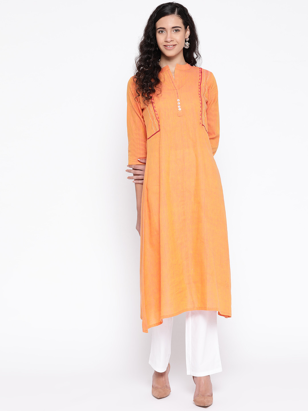 

SILVER STOCK Women Orange Handloom Solid A-Line Kurta