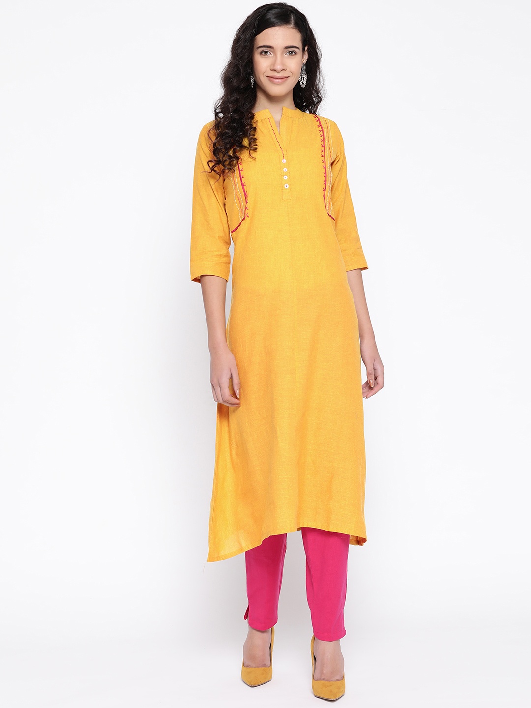 

SILVER STOCK Women Mustard Yellow Handloom Solid Asymmetric A-Line Kurta