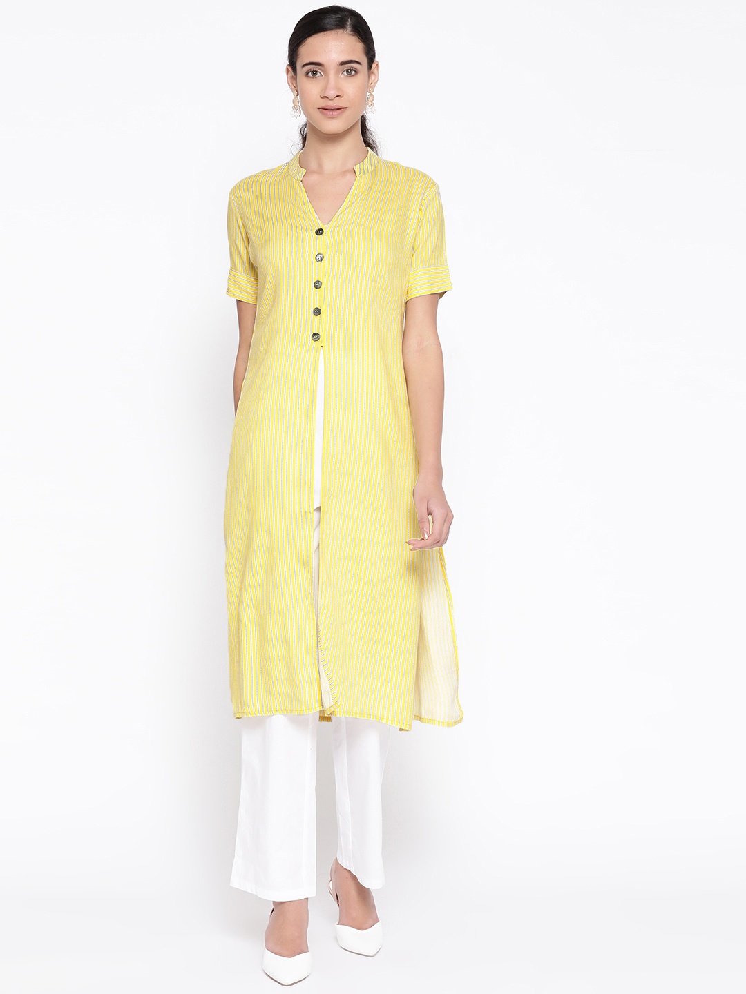 

SILVER STOCK Women Yellow & Blue Striped Straight Kurta