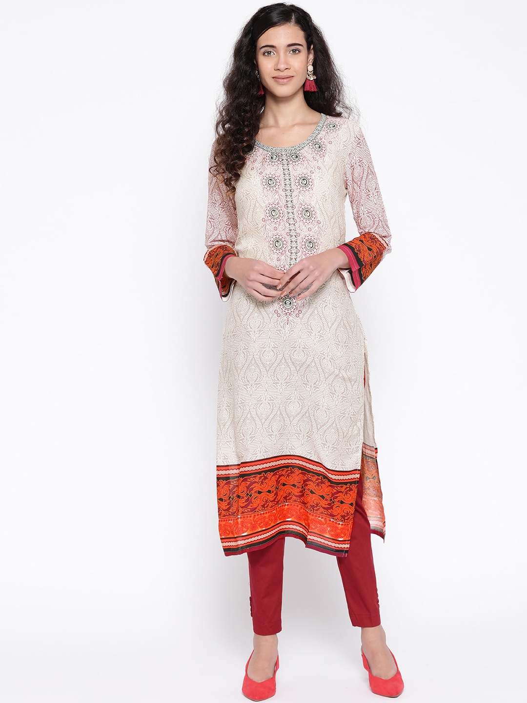 

SILVER STOCK Women Off-White & Brown Printed Straight Kurta