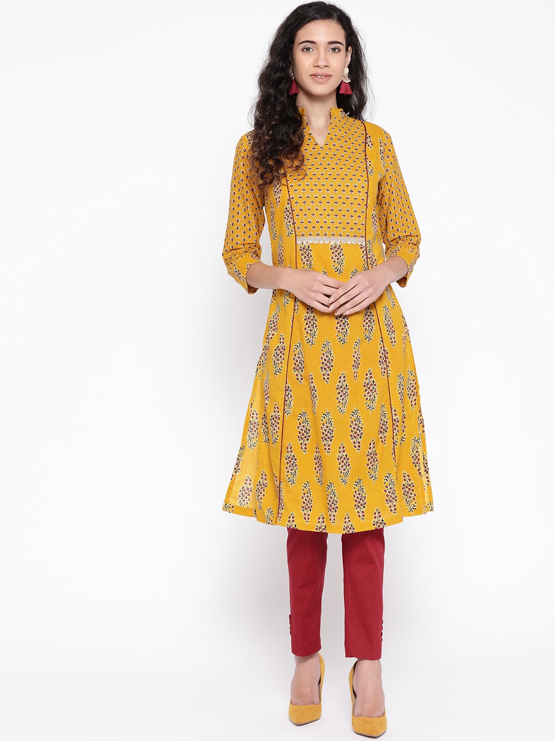 

SILVER STOCK Women Mustard Yellow & Maroon Printed A-Line Kurta