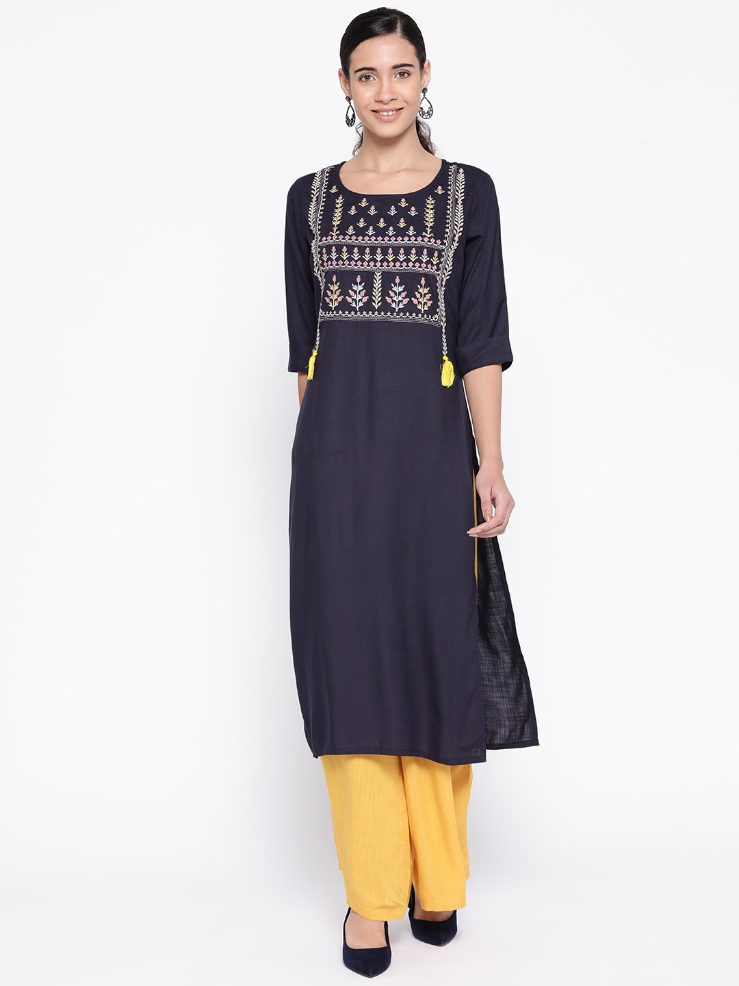 

SILVER STOCK Women Navy Blue & Yellow Handloom Yoke Design Straight Kurta