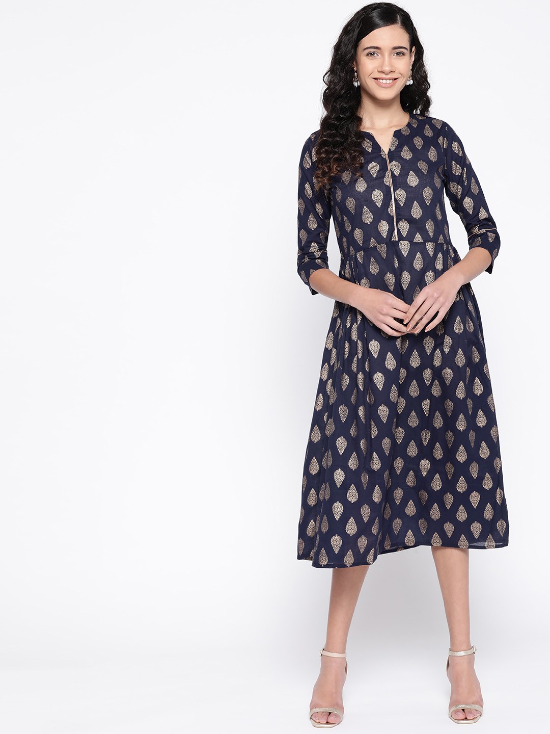 

SILVER STOCK Women Navy Blue & Golden Foil Print A-Line Dress