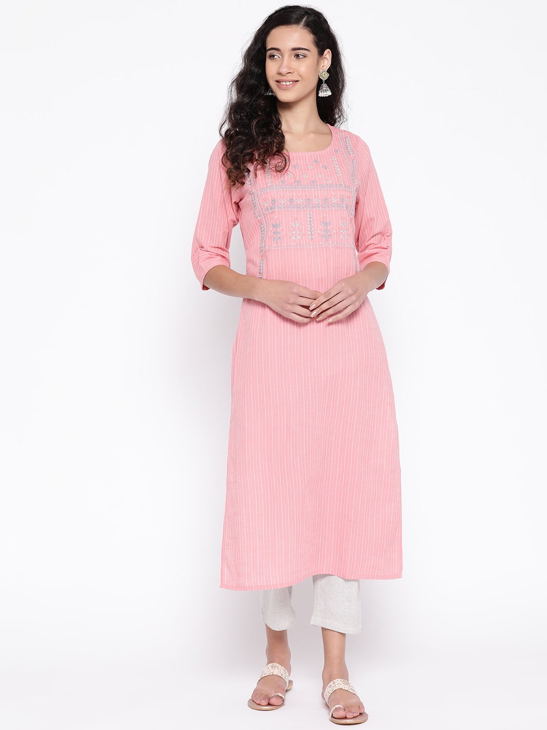 

SILVER STOCK Women Pink & Grey Handloom Yoke Design Straight Kurta