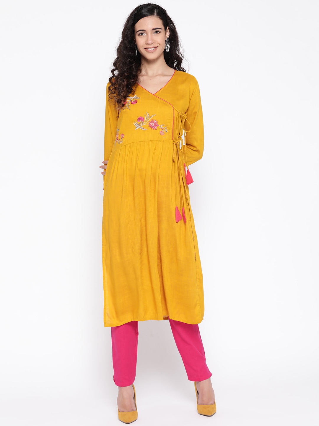 

SILVER STOCK Women Mustard Yellow & Pink Yoke Design Angrakha A-Line Kurta