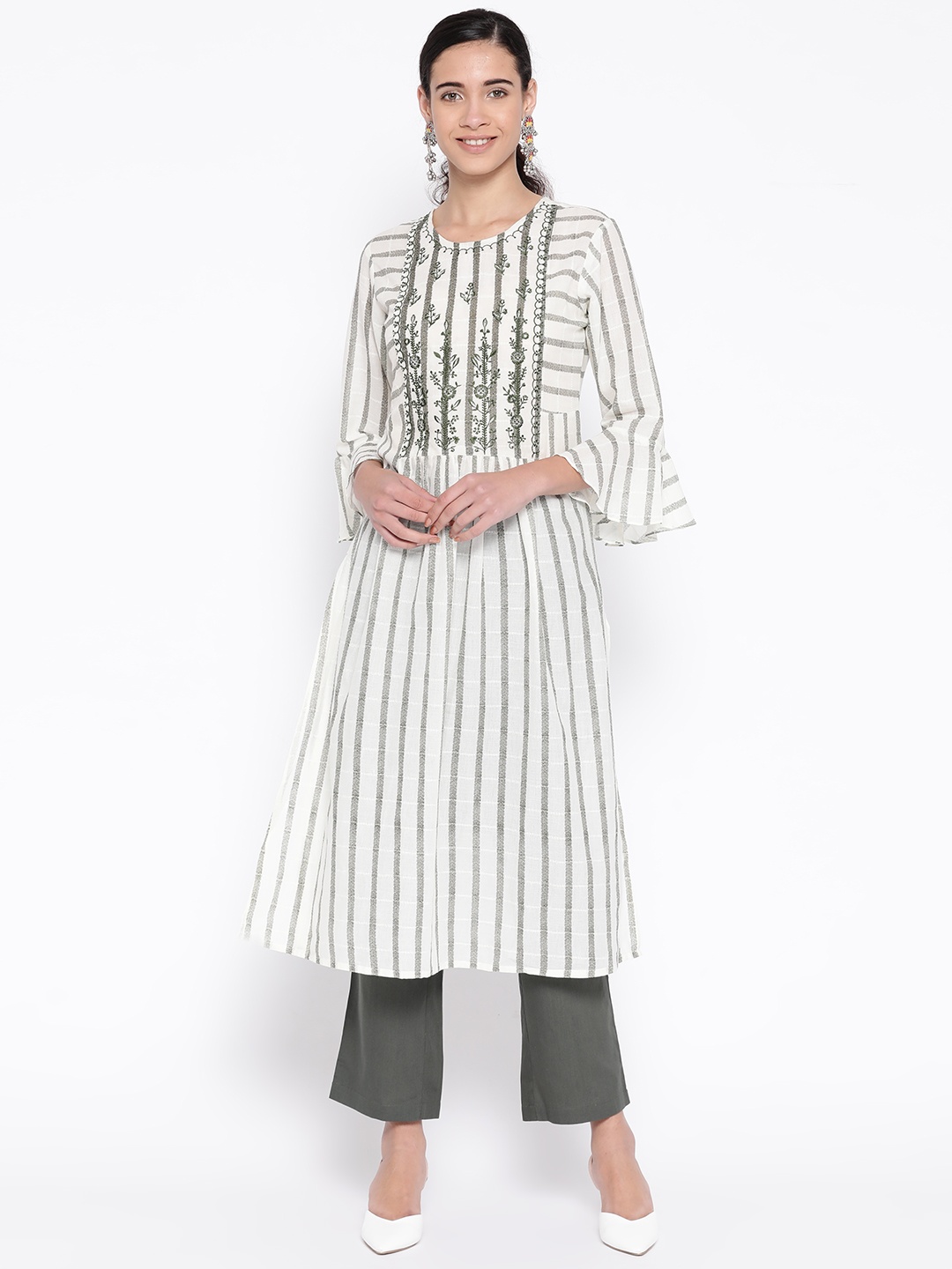 

SILVER STOCK Women Off-White & Olive Green Striped Straight Kurta