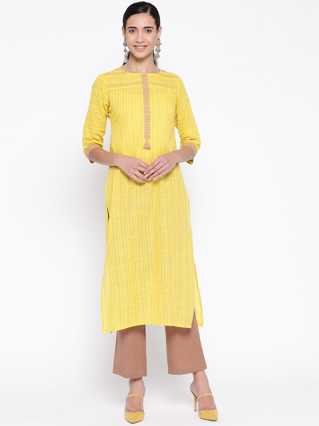 

SILVER STOCK Women Yellow & Pink Handloom Striped Straight Kurta