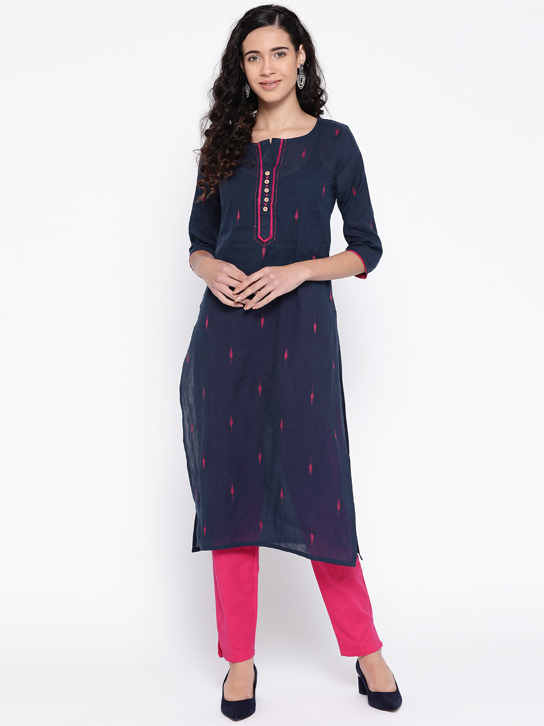 

SILVER STOCK Women Navy Blue & Pink Handloom Jacquard Woven Design Straight Kurta
