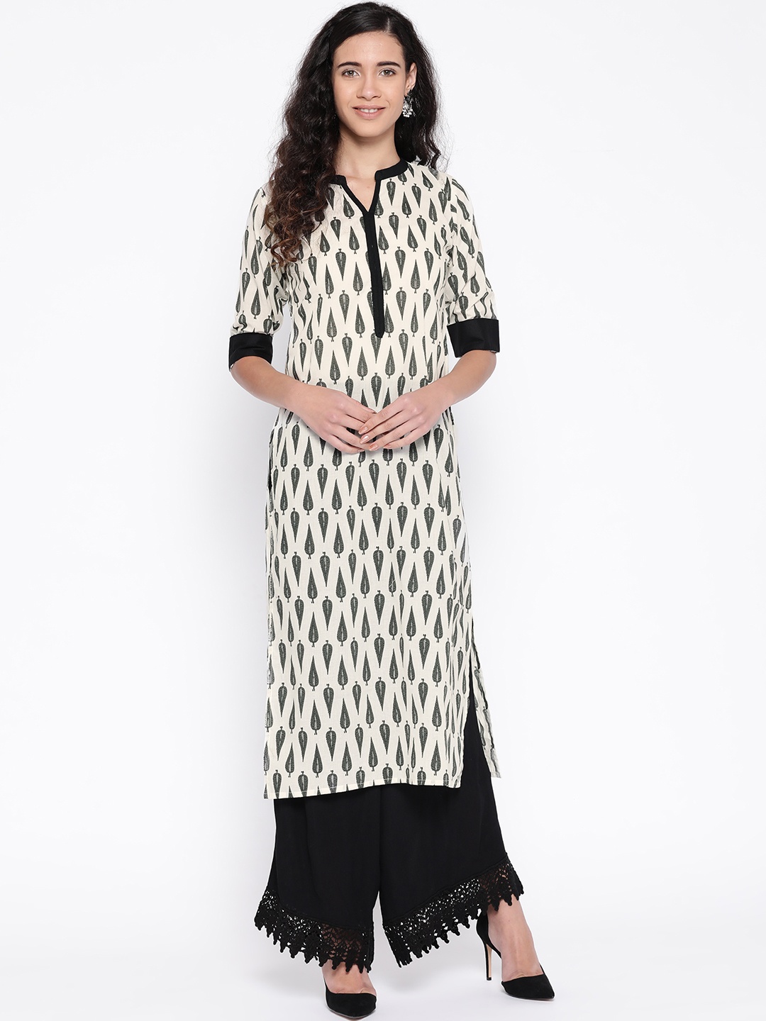 

SILVER STOCK Women Off-White & Charcoal Grey Block Print Straight Kurta