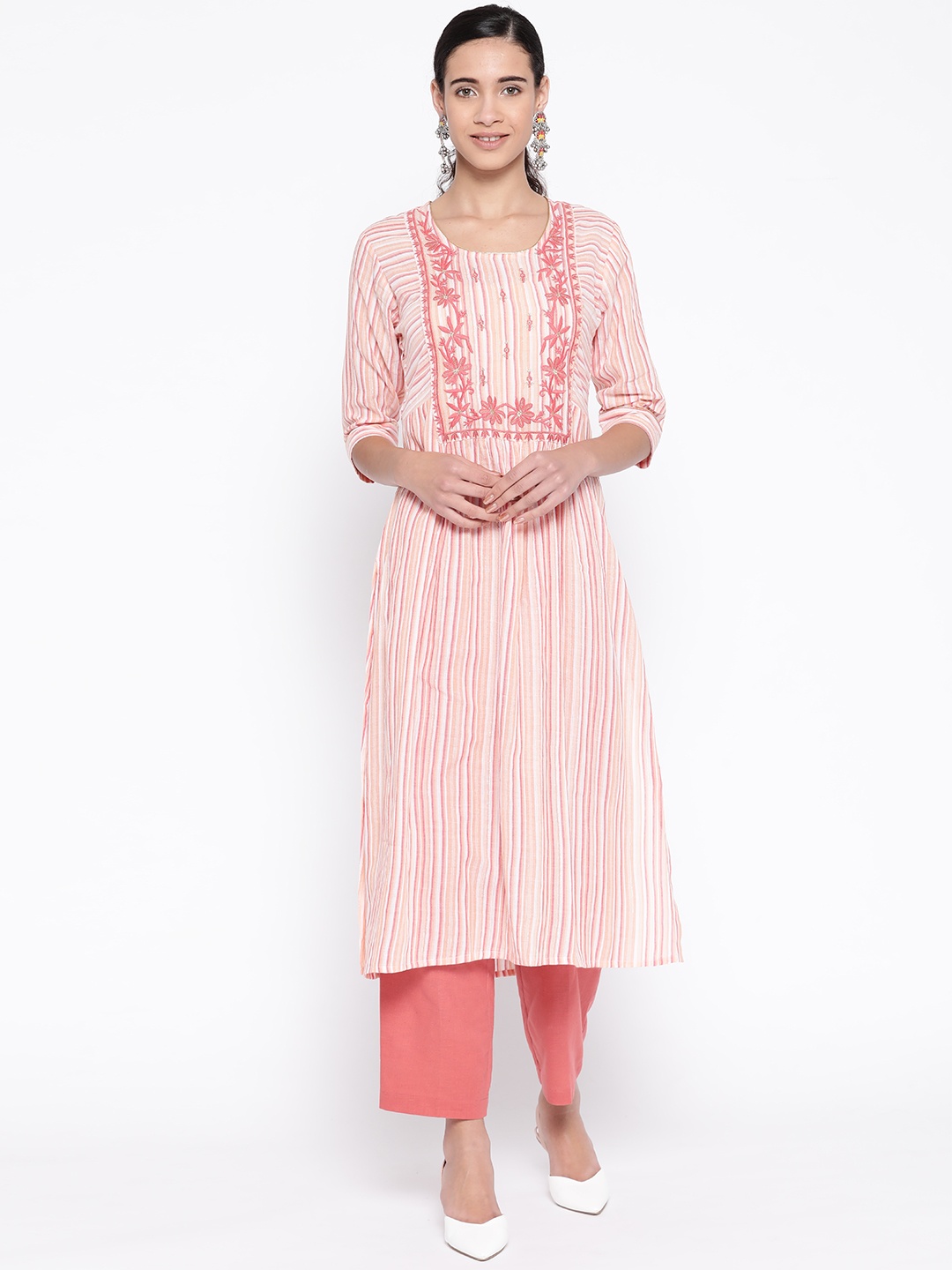 

SILVER STOCK Women Peach Coloured & Off-White Yarn Dyed Striped A-Line Kurta