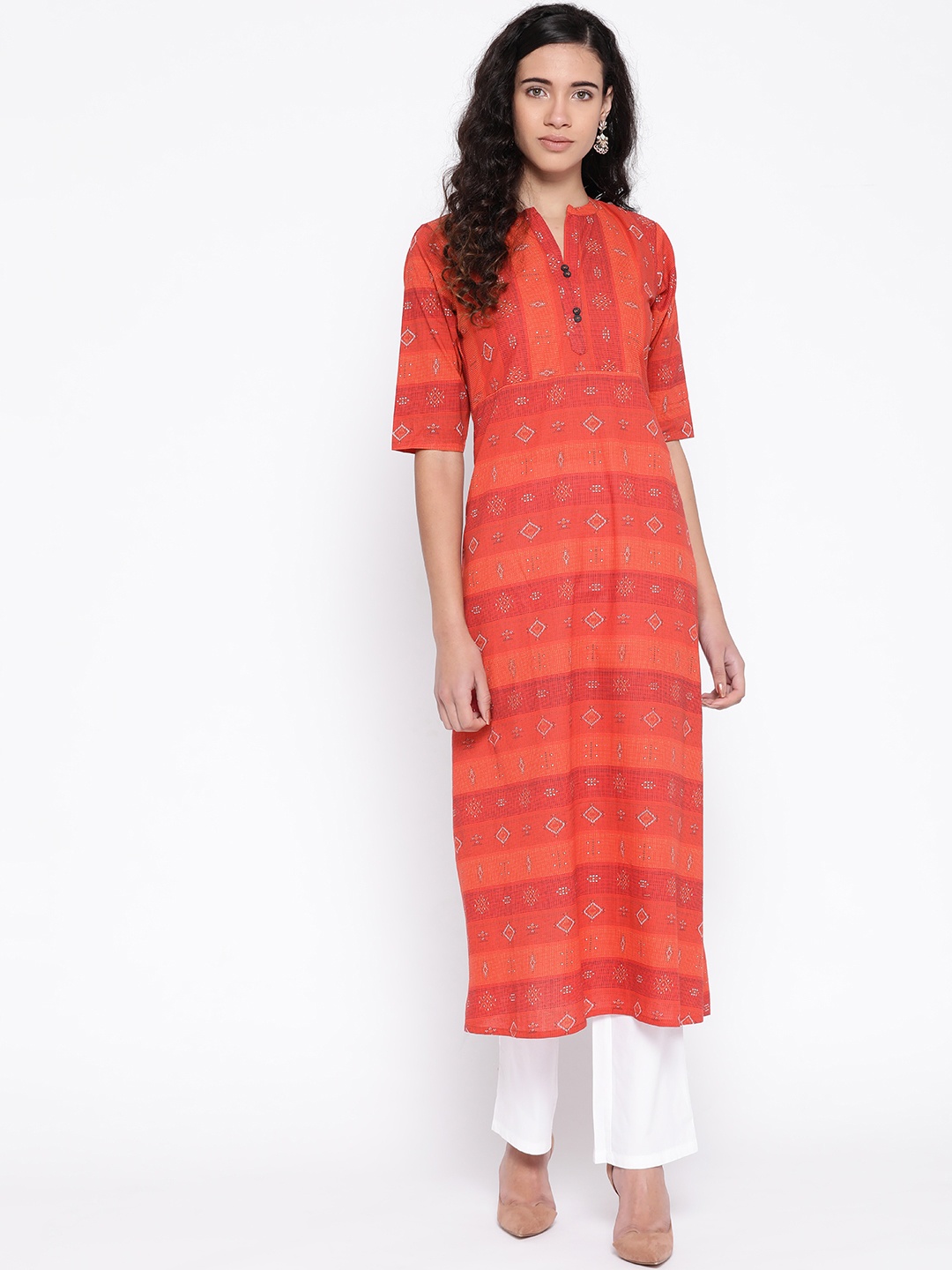 

SILVER STOCK Women Orange & White Printed A-Line Kurta