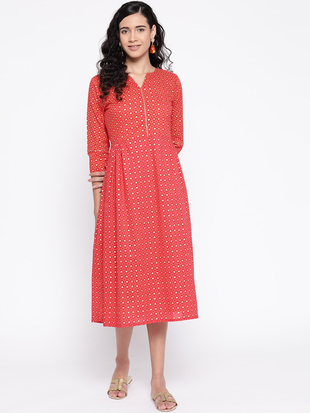 

SILVER STOCK Women Orange & Golden Foil Print A-Line Dress