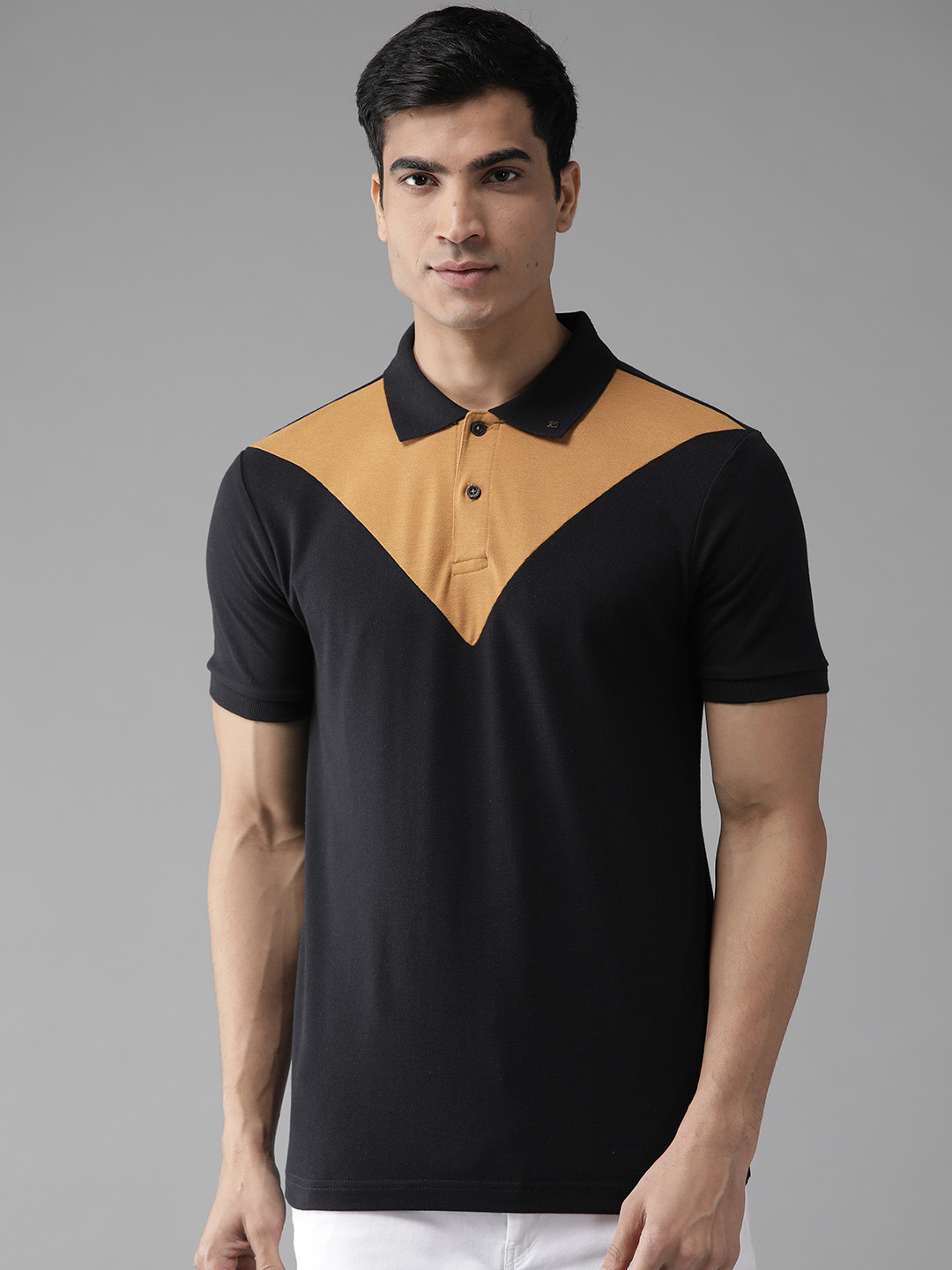 

Hubberholme Men Black & Mustard Yellow Colourblocked Polo Collar T-shirt