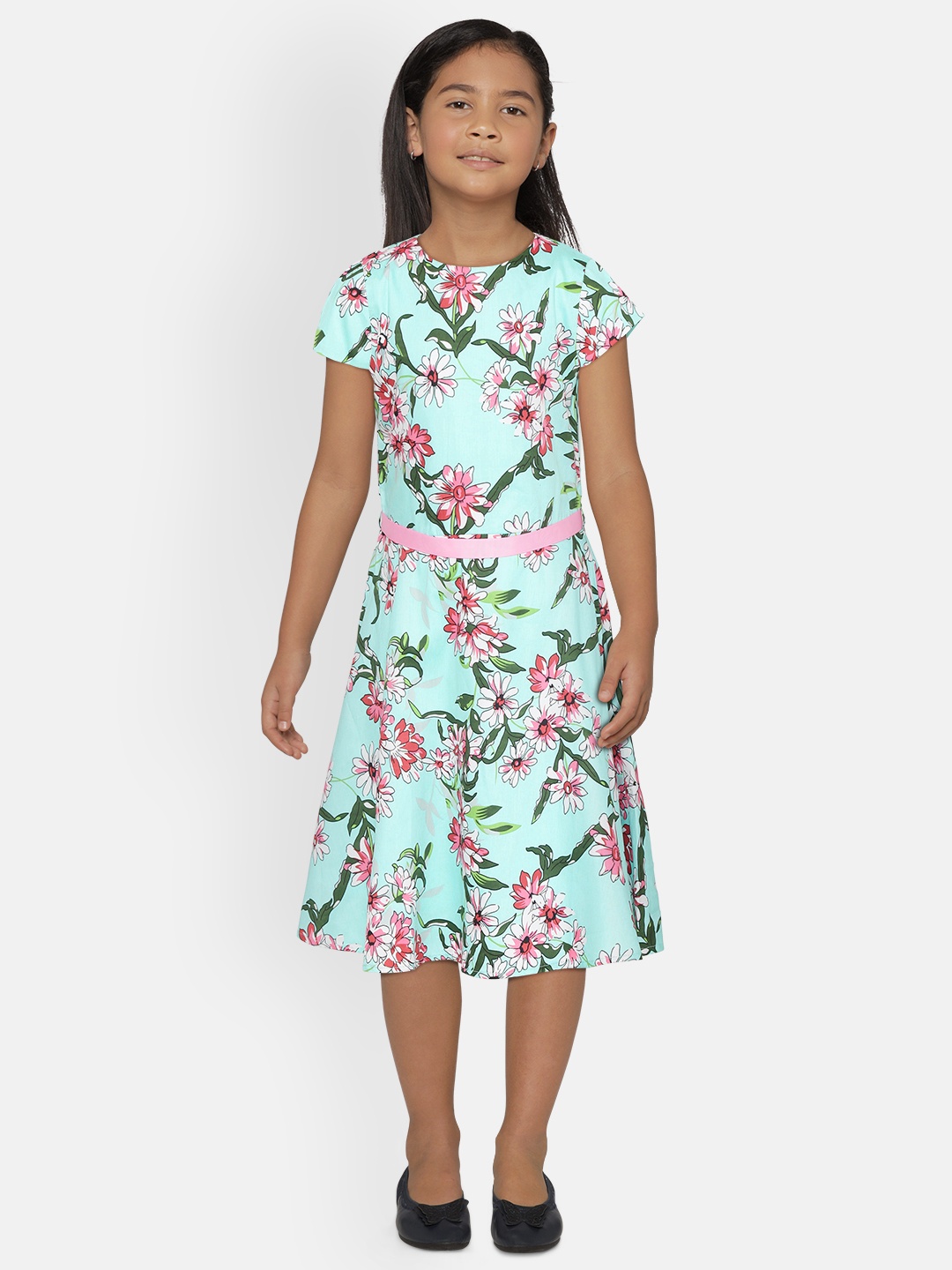 

Allen Solly Junior Girls Blue & Green Floral Print A-Line Dress with Belt