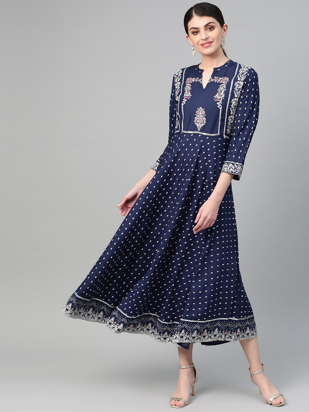 

Ishin Women Navy & Off-White Printed Maxi Ethnic Dress, Navy blue