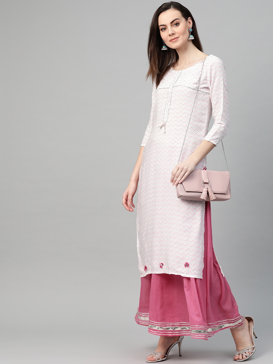 

Ishin Women Off-White & Pink Block Print Kurta with Palazzos