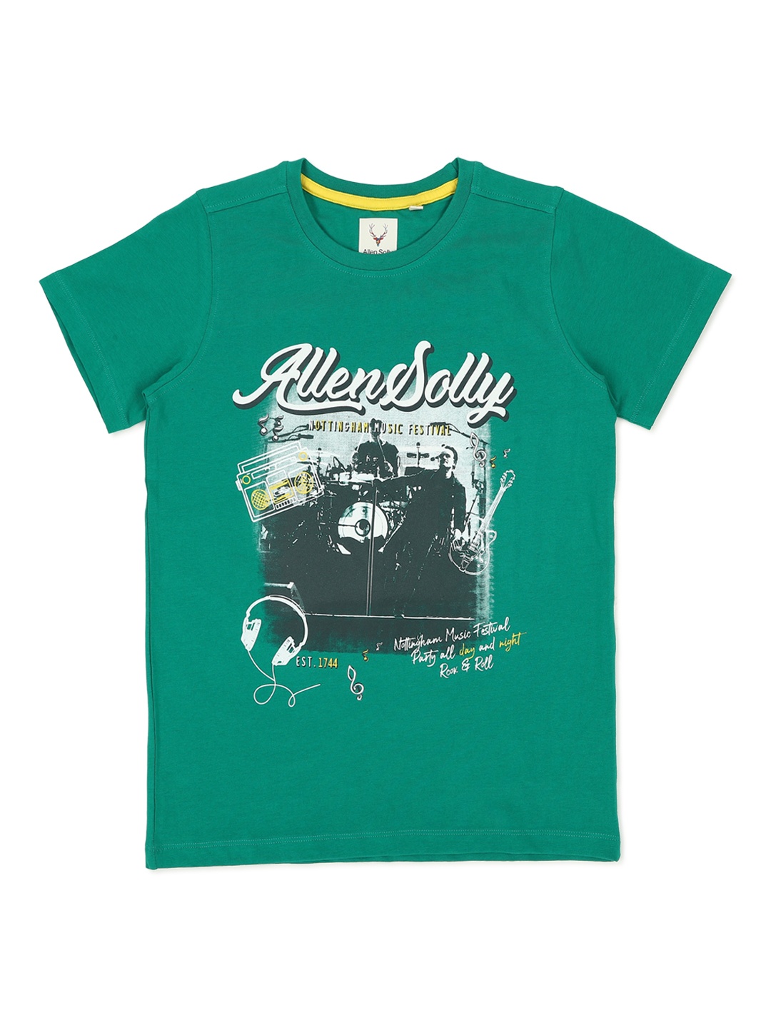 

Allen Solly Junior Boys Green Printed Round Neck Pure Cotton T-shirt