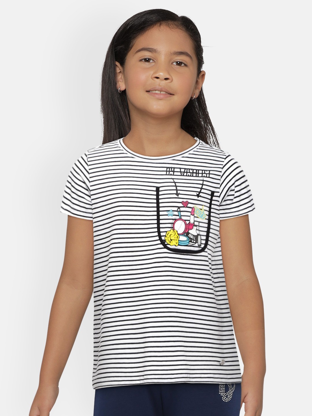

Allen Solly Junior Girls White & Black Striped Round Neck T-shirt