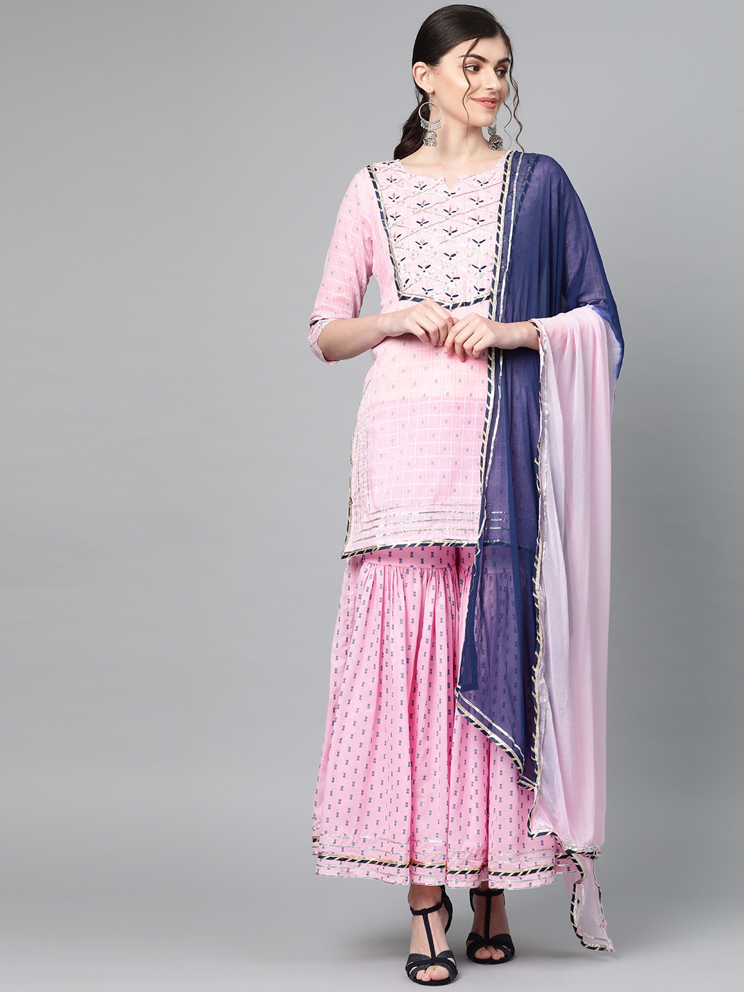 

Ishin Women Pink & Navy Blue Woven Design Kurti with Sharara & Dupatta