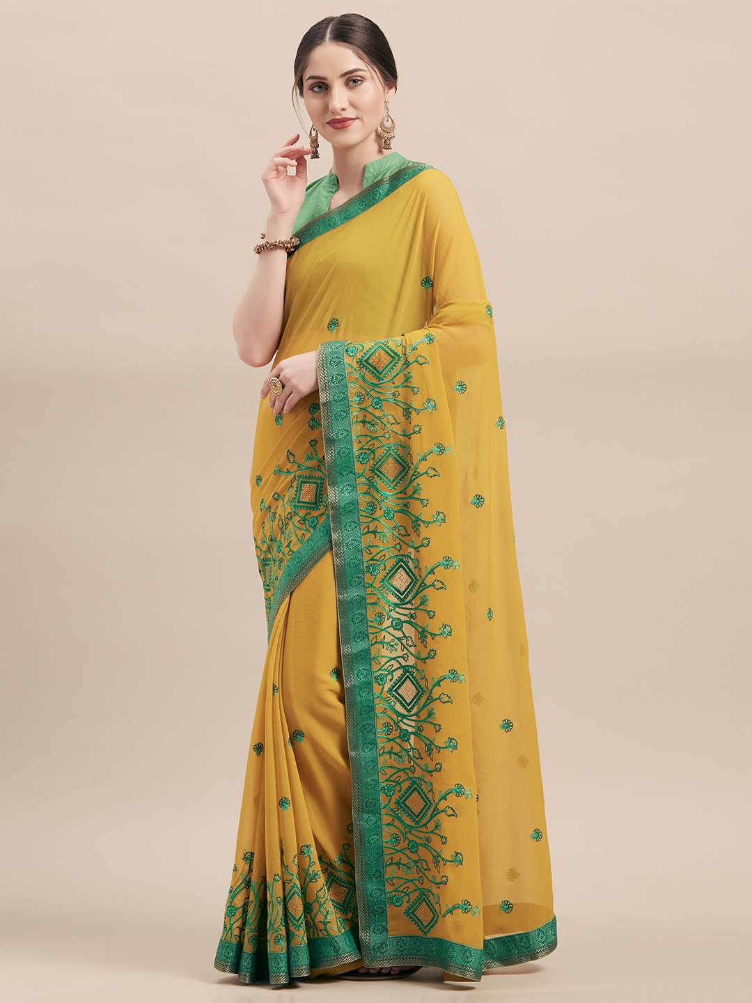

Shaily Mustard Yellow & Green Poly Chiffon Embroidered Saree