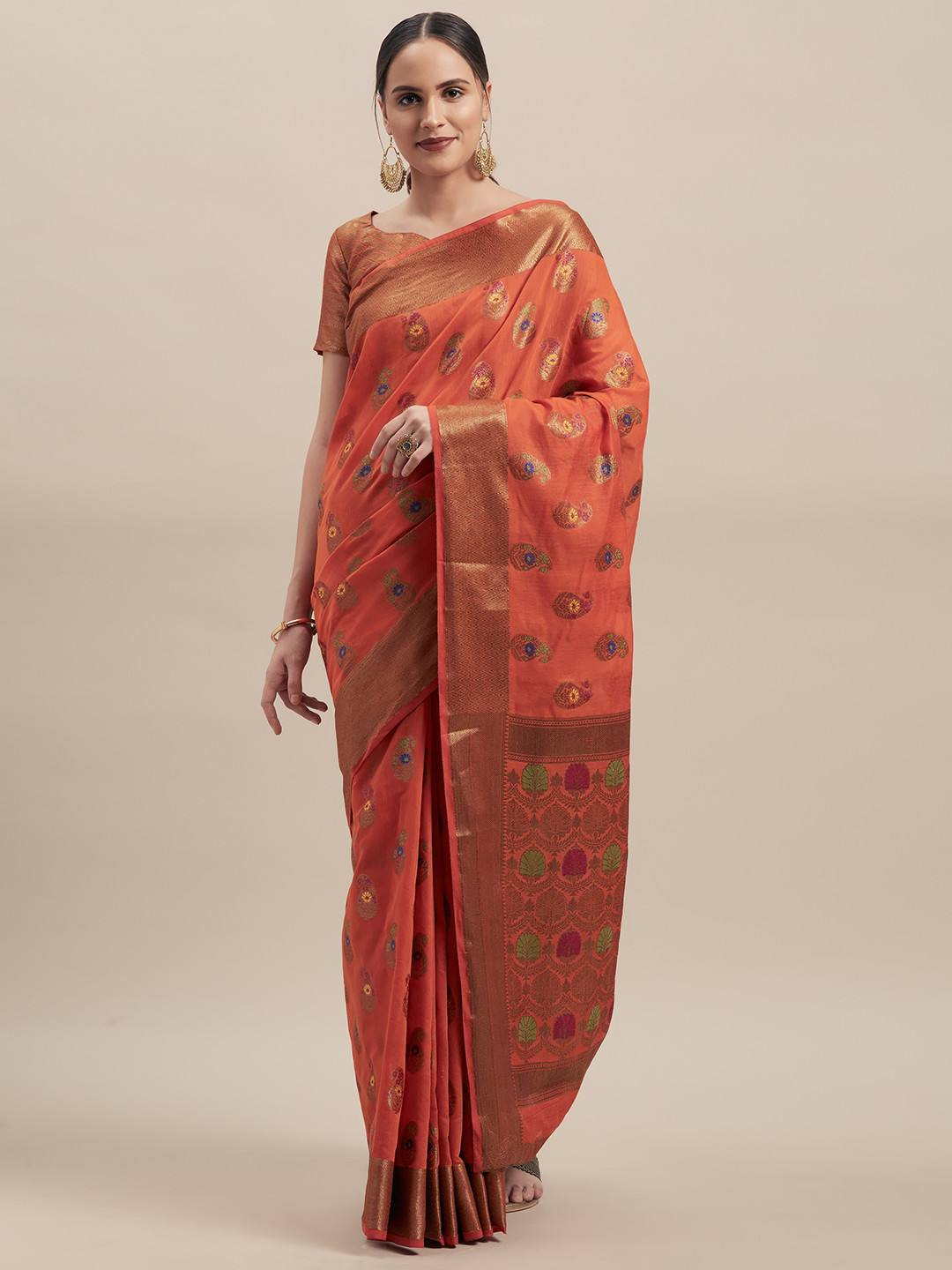 

Shaily Orange & Gold-Coloured Cotton Blend Woven Design Saree