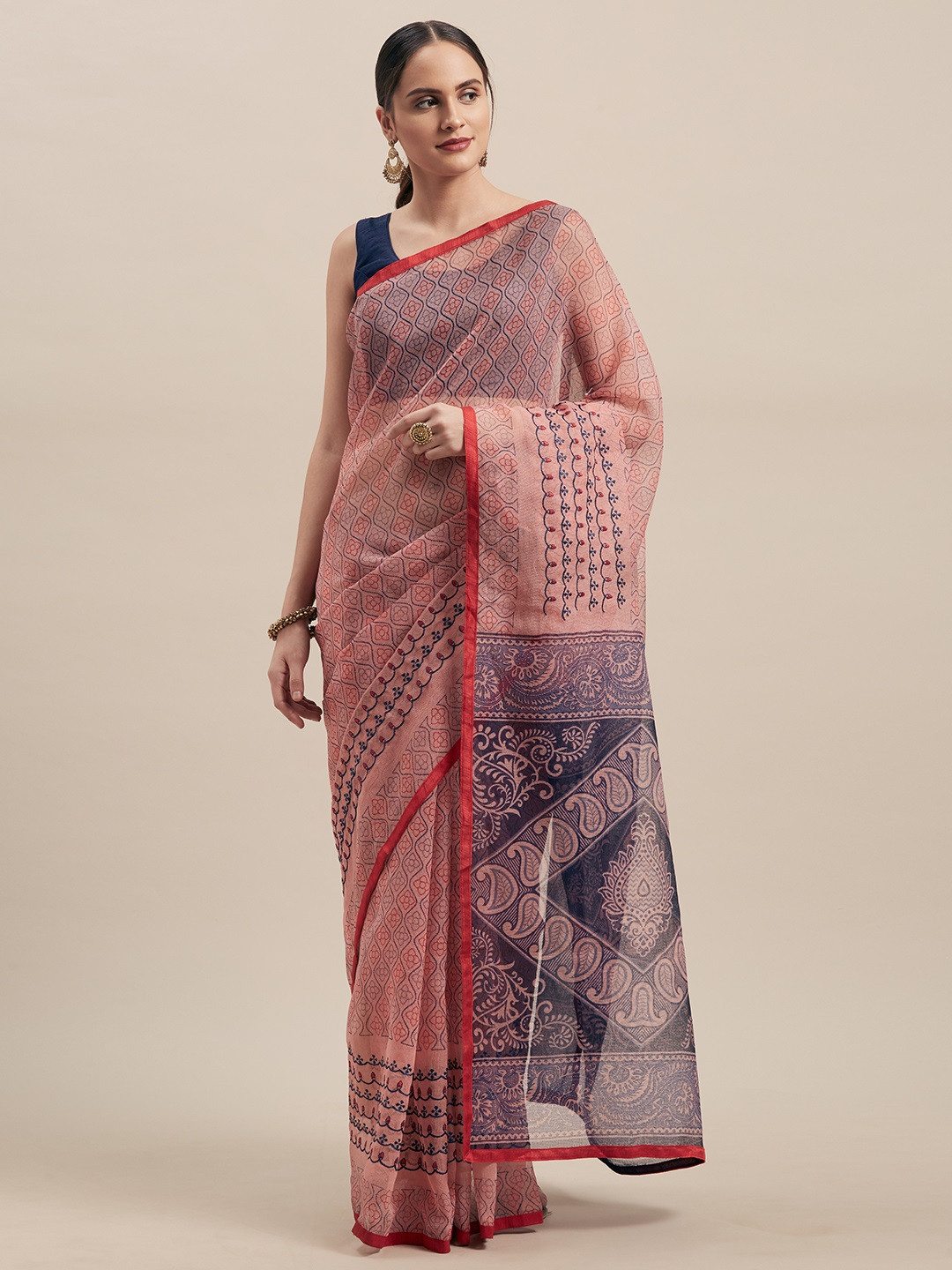 

Shaily Pink & Navy Blue Cotton Blend Embroidered Saree