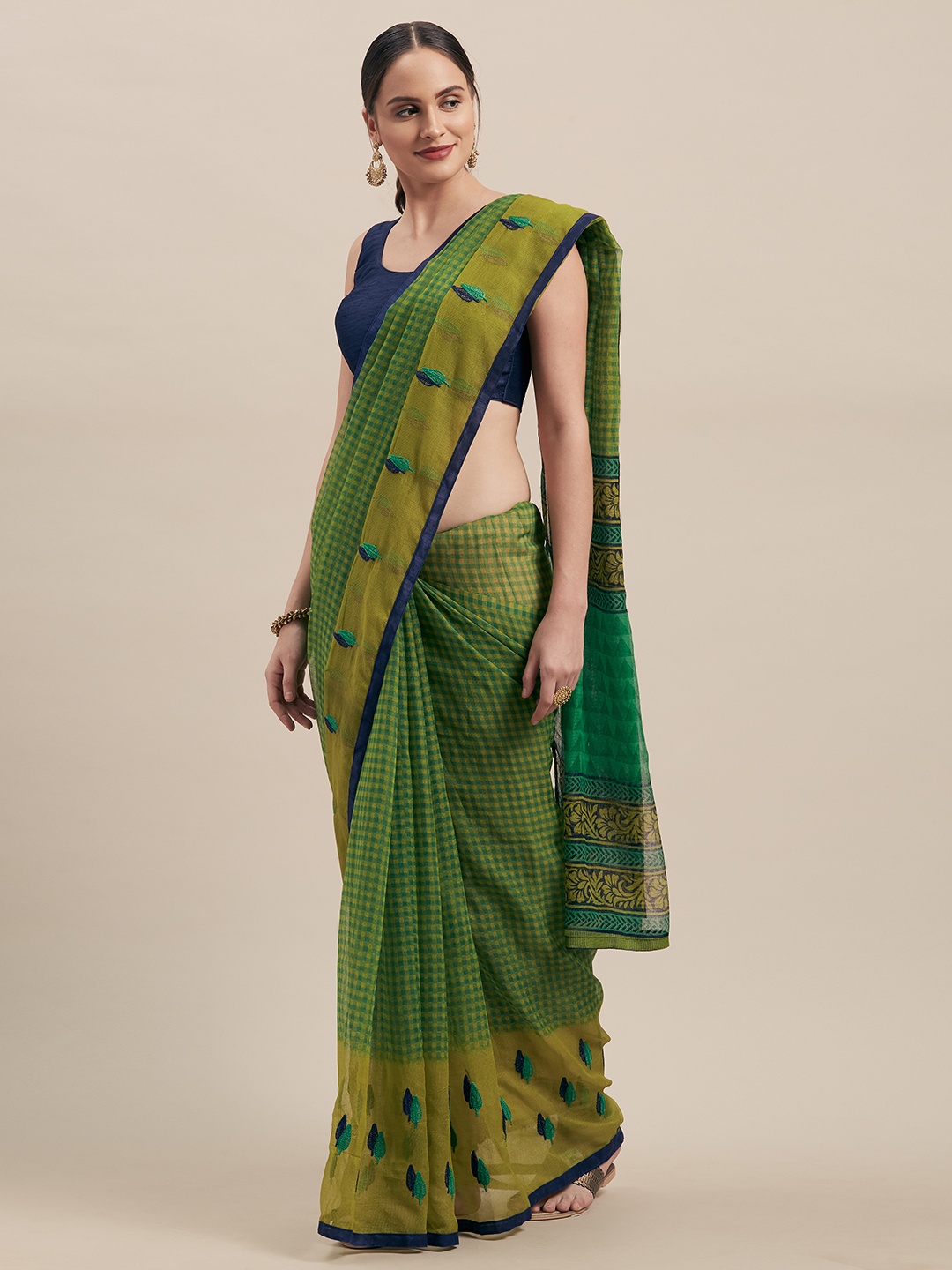 

Shaily Green & Gold-Coloured Cotton Blend Woven Design Saree
