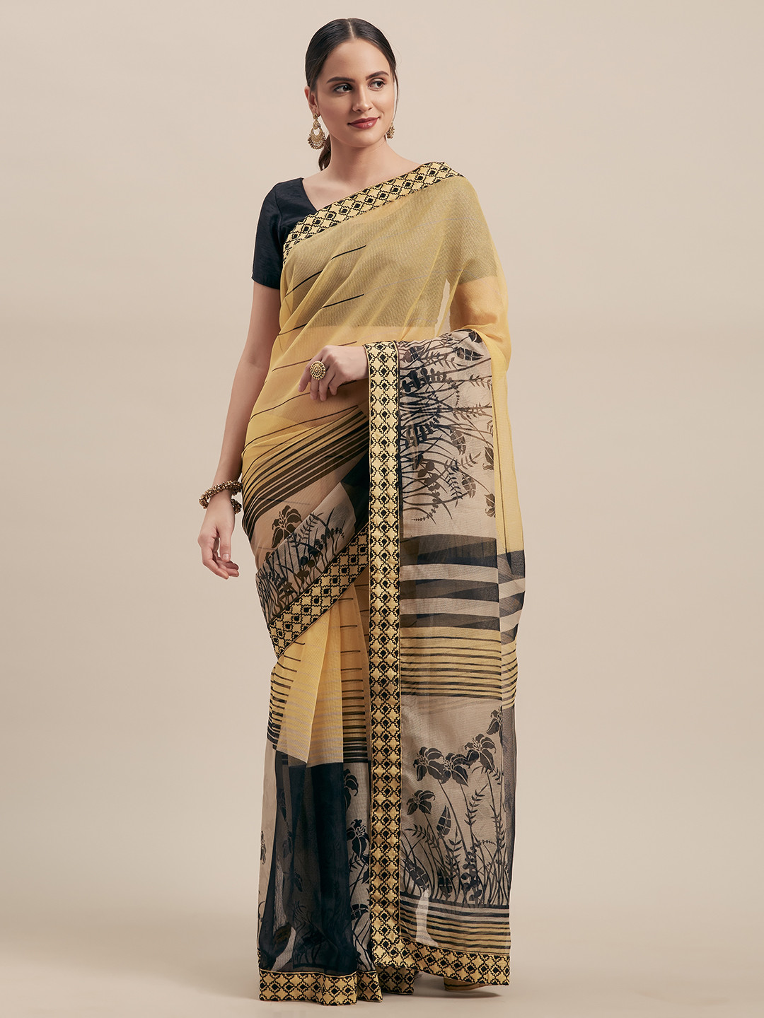 

Shaily Yellow & Black Cotton Blend Printed Saree