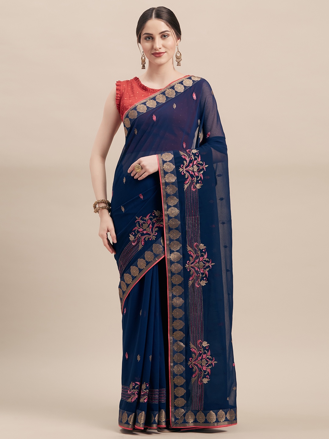 

Shaily Navy Blue Embroidered Poly Chiffon Saree