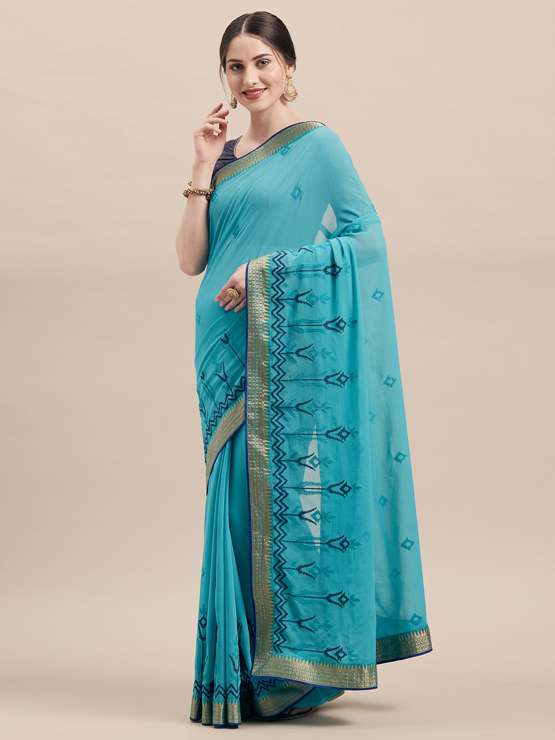 

Shaily Turquoise Blue Embroidered Poly Chiffon Saree