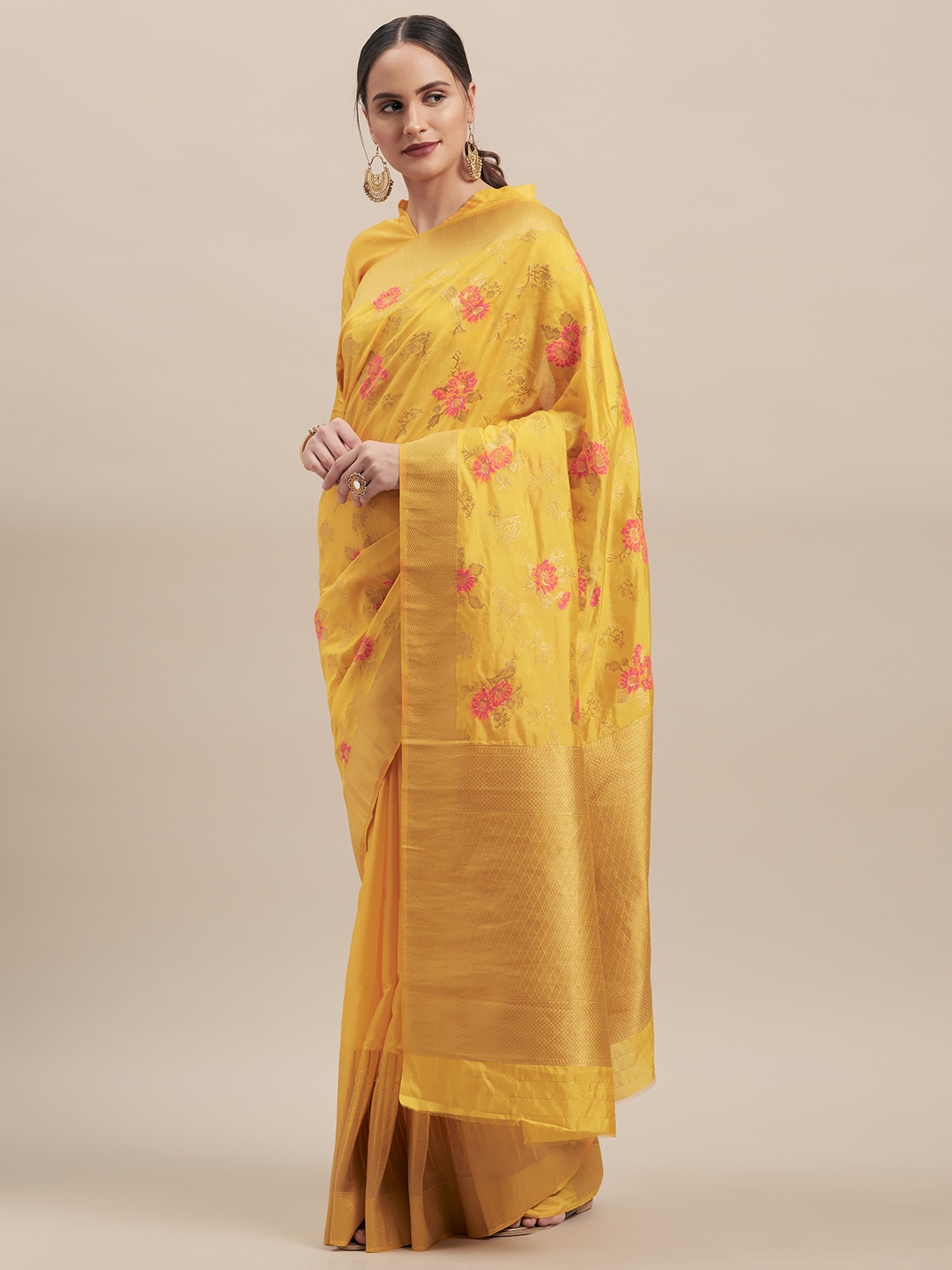 

Shaily Yellow & Gold-Coloured Silk Blend Woven Design Saree