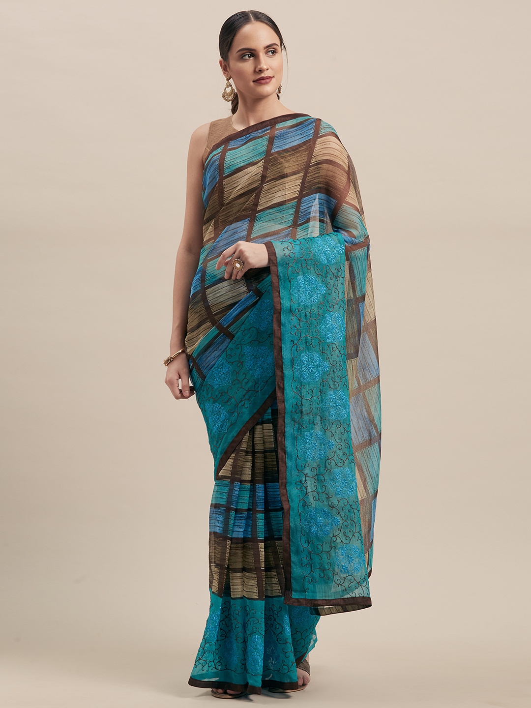 

Shaily Teal Blue & Brown Cotton Blend Embroidered Saree