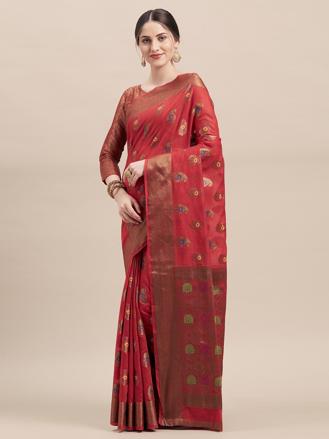 

Shaily Red & Gold-Toned Woven Design Saree
