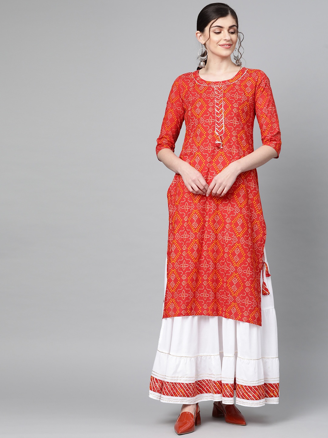 

Ishin Women Red & White Printed Kurta with Skirt