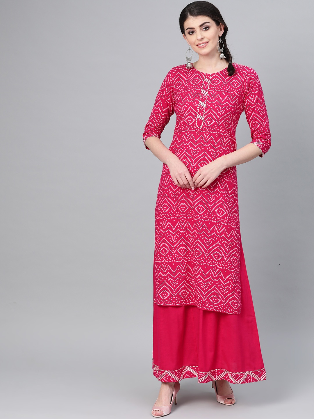 

Ishin Women Pink & White Bandhani Print Kurta with Palazzos