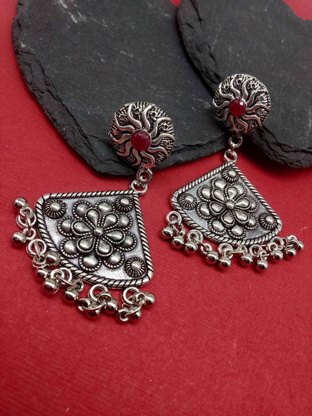 

Fida Silver-Toned Oxidised Triangular Drop Earrings