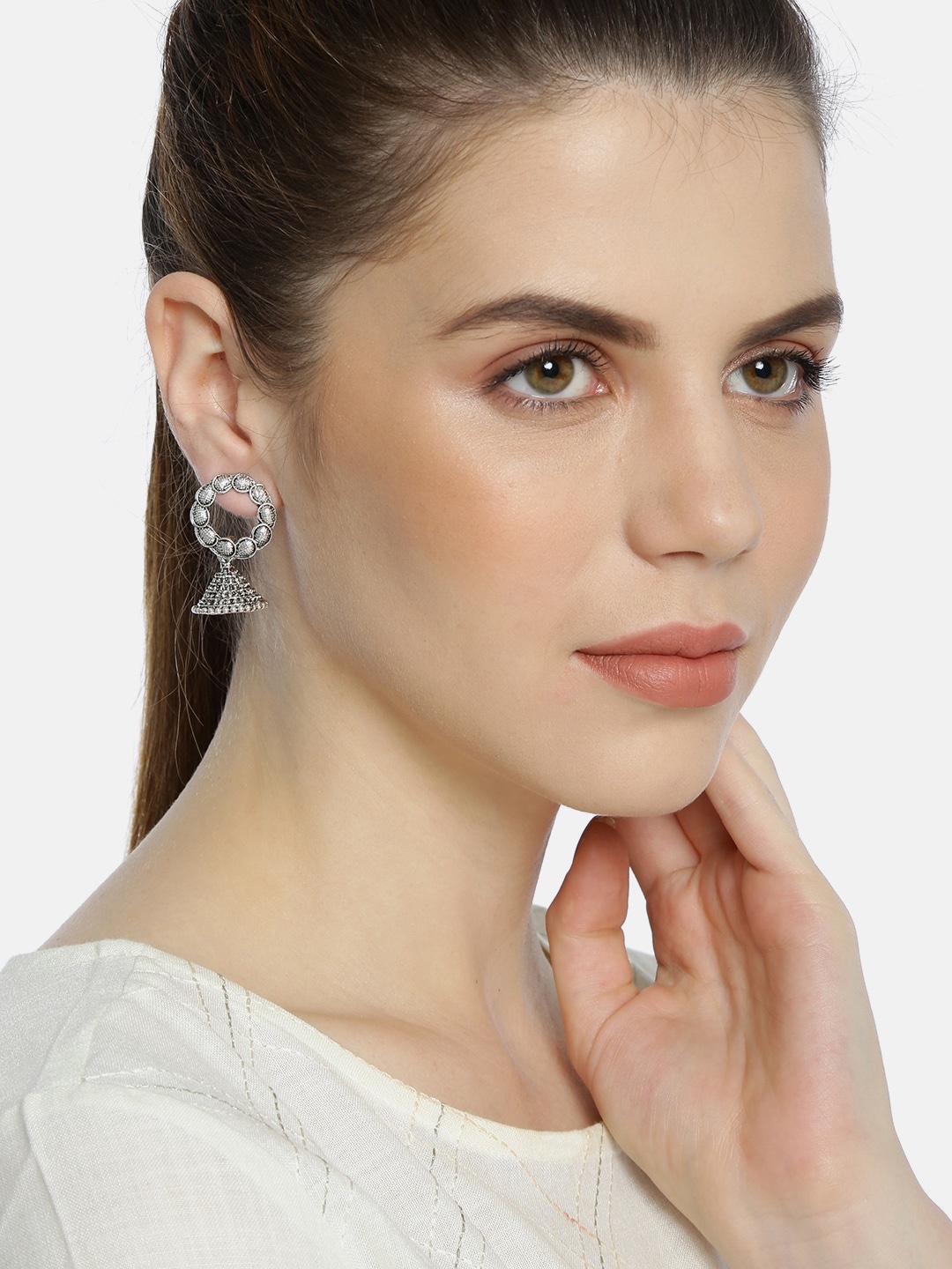 

Fida Silver-Toned Geometric Oxidised Drop Earrings