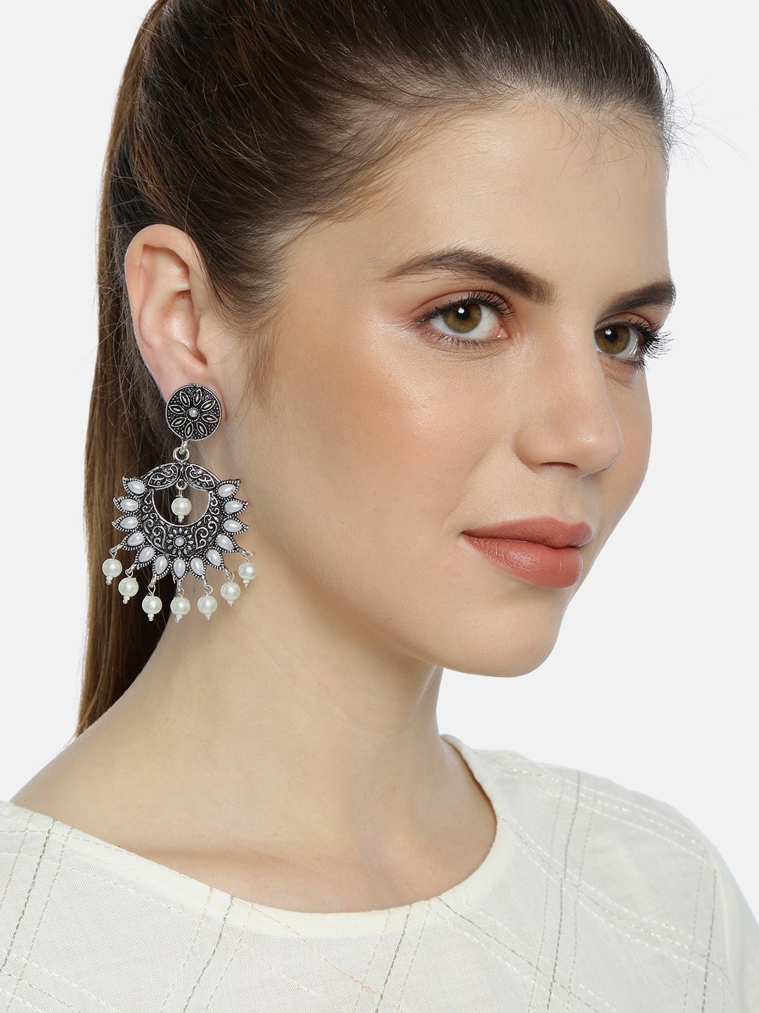 

Fida Silver-Toned Circular Studded Drop Earrings