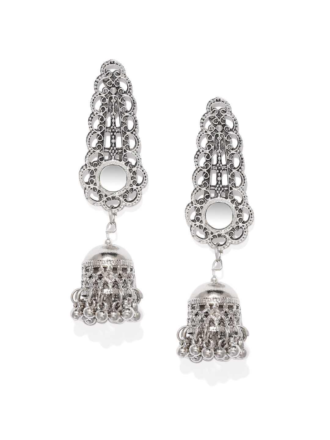 

Fida Oxidized Silver-Toned Dome Shaped Mirror Detail Jhumkas