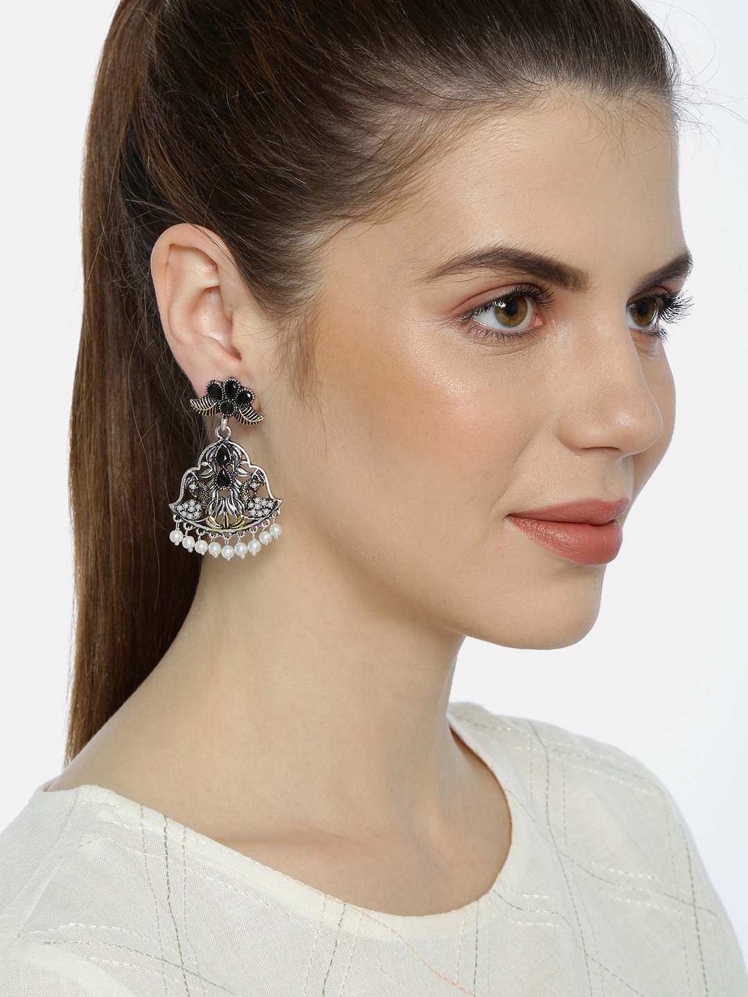 

Fida Silver-Toned Peacock Shaped Studded Drop Earrings
