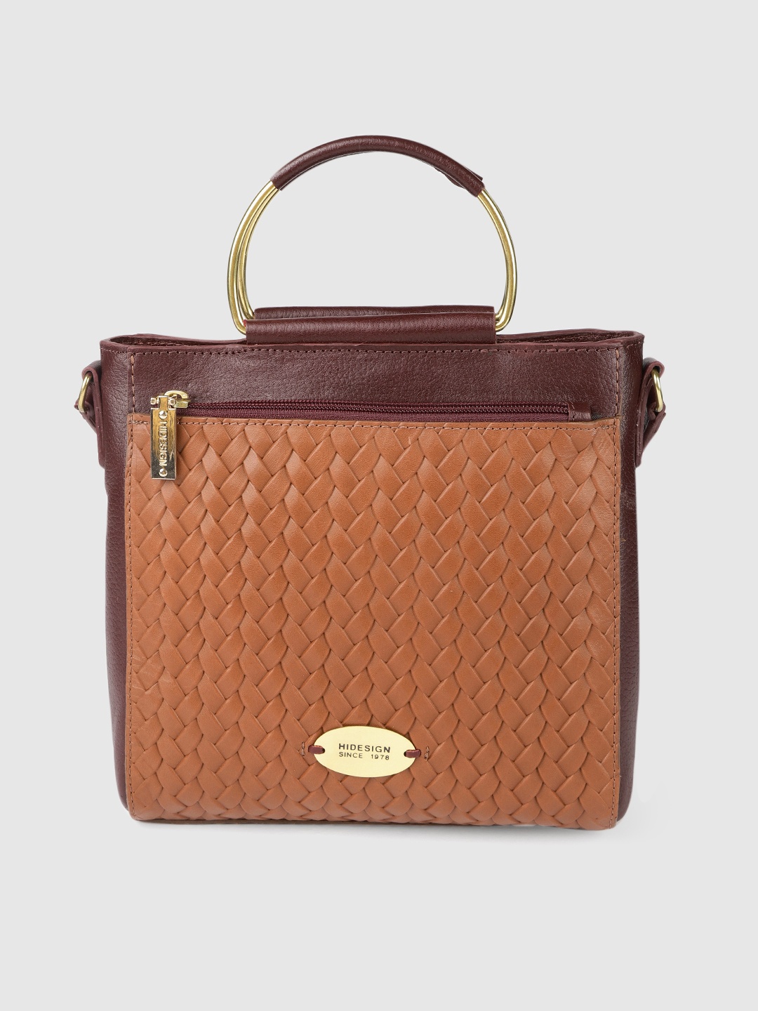 

Hidesign Tan Brown & Maroon Colourblocked Leather Handheld Bag
