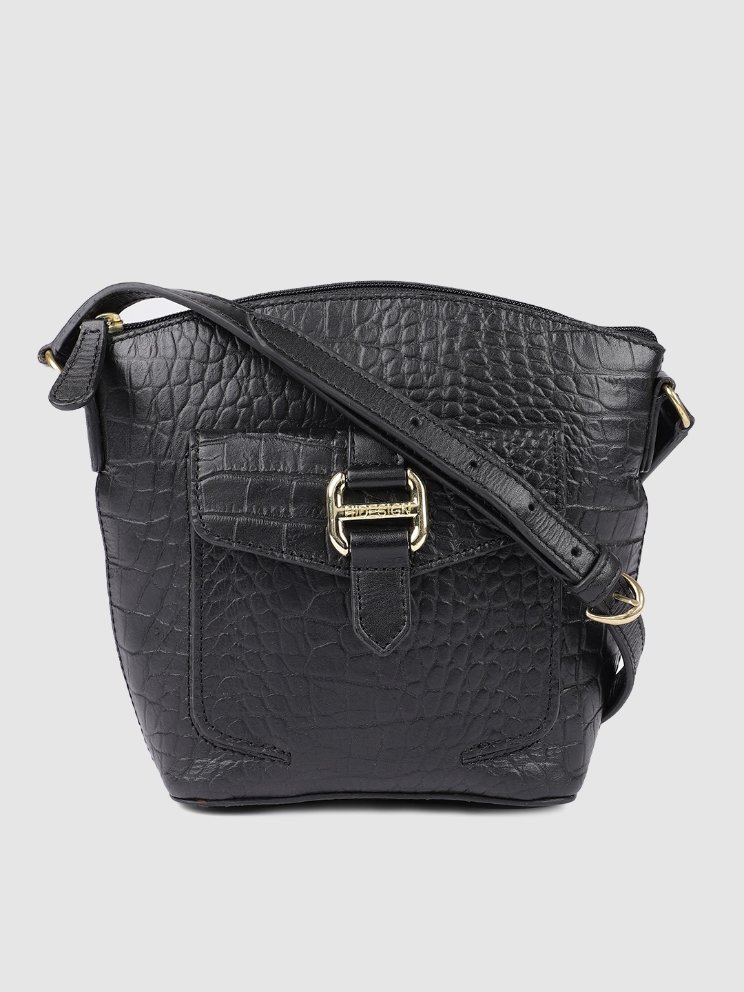 

Hidesign Black Animal Textured Leather Sling Bag