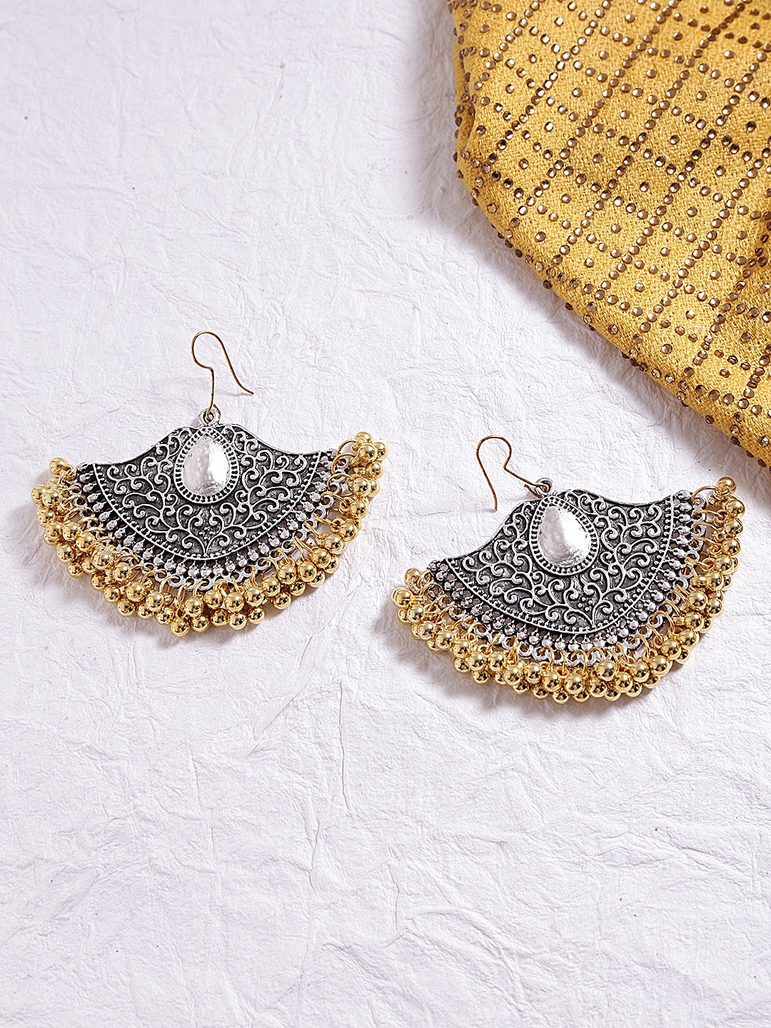 

Fida Silver-Toned & Gold-Toned Crescent Shaped Drop Earrings