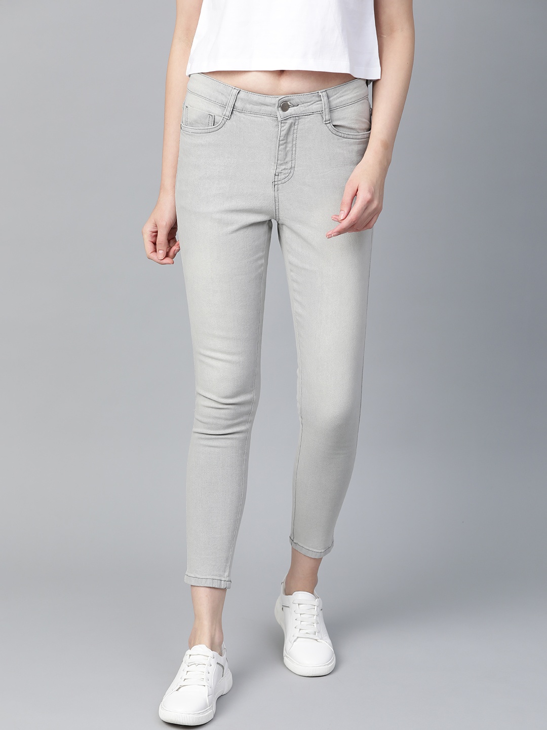 

Mast & Harbour Women Grey Skinny Fit Mid-Rise Clean Look Stretchable Cropped Jeans