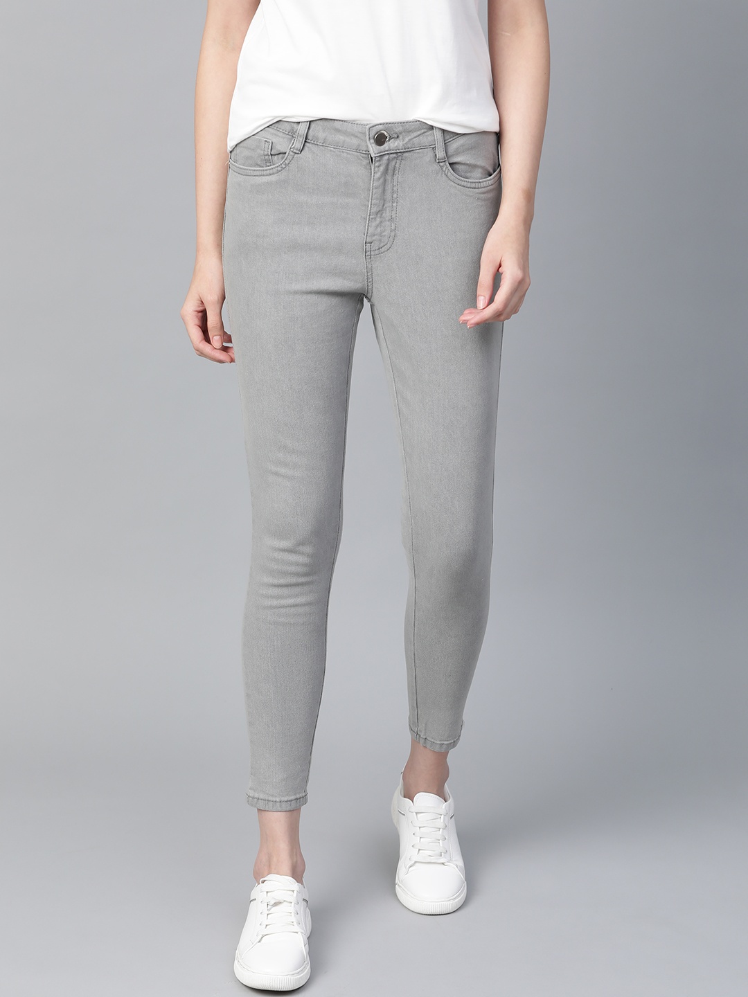 

Mast & Harbour Women Grey Skinny Fit Mid-Rise Clean Look Stretchable Cropped Jeans