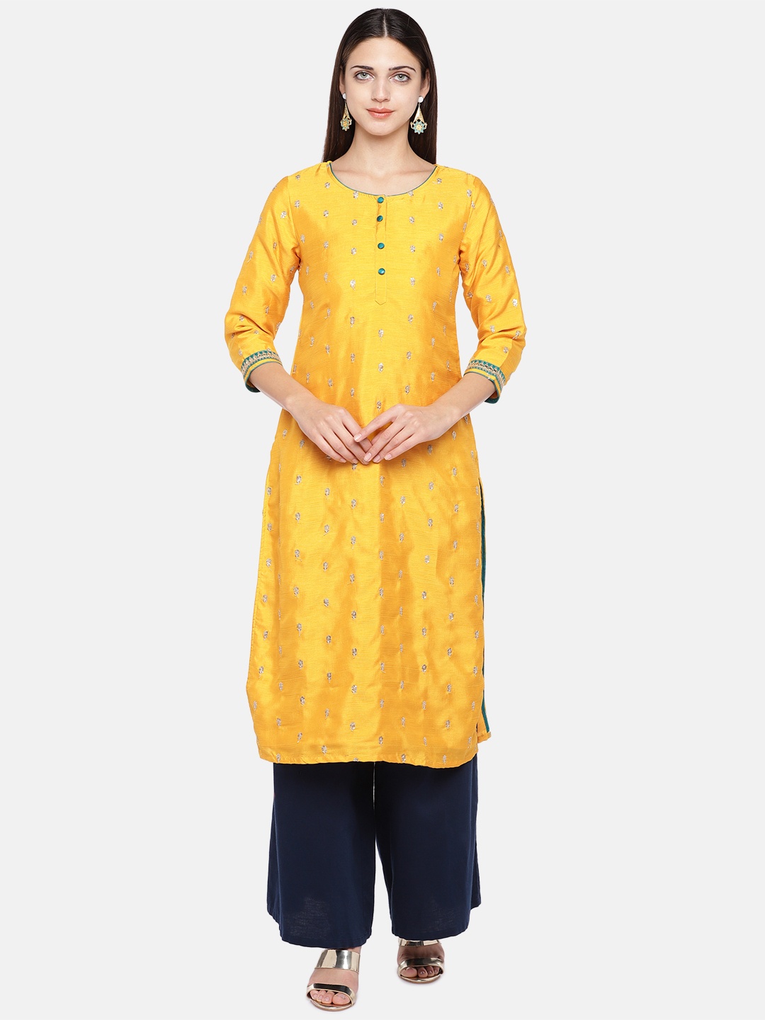

Ethnicity Women Yellow & Gold-Coloured Embroidered Straight Silk Kurta